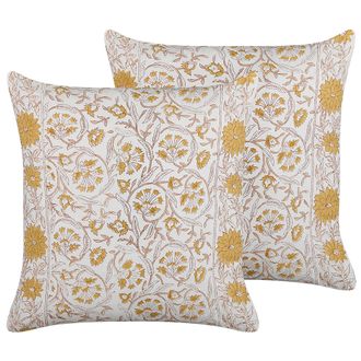 Beliani Conjunto De 2 Cojines De Algod&oacute;n Blanco Amarillo Marr&oacute;n 45 X 45 Cm A Mano Calathea