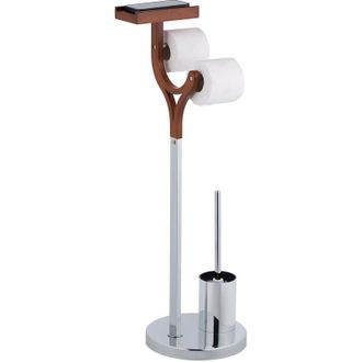 Relaxdays Relaxdays - Escobillero Con Portarrollos Y Balda, Portaescobillas De Pie, Escobilla De V&aacute;ter, 84x25x30cm, Plateado/marr&oacute;n