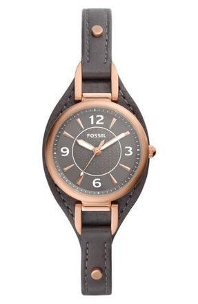 Fossil Carlie Leather Strap Watch, 28mm in Black/rose Gold at Nordstrom