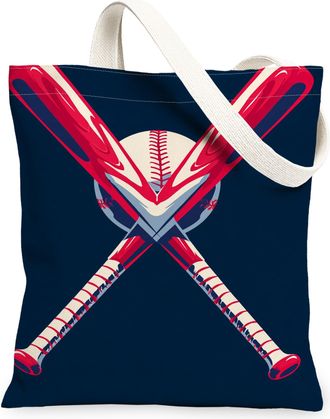 Generic Baseball Graphic Canvas Tote Bags, Sporty Crossed Bats Design Reusable Grocery Bags, Lightweight Washable Shoulder Strap Ca, Navy, 13x15 Inch