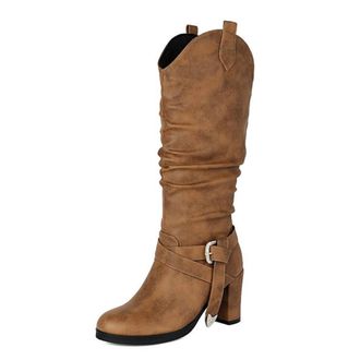 Generic Womens Western Knee High Slouch Boots Chunky High Heel Round Toe with Buckle Strap Pull On Cowgirl Winter Shoes (Brown,5.5)