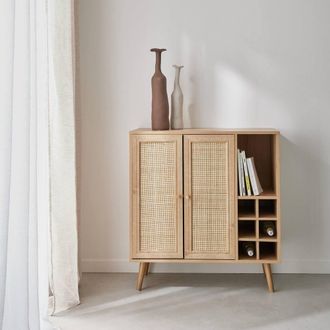 Sweeek Sideboard With Bottle Holder Wickerwork & Wooden Decor in Light Brown