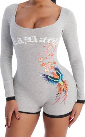 Ed Hardy Phoenix Long Sleeve Short Lace Romper In Heather Grey