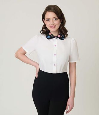 Unique Vintage 1940s Collared Blouse in White W/Black Collar at Nordstrom, Size X-Large
