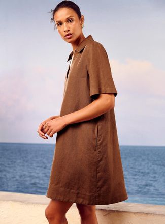 Contemporaine Womens Loose pure linen Johnny-collar dress