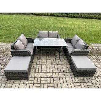 Fimous Patio Rattan Garden Furniture Set with Oblong Rectangular Dining Table 2 Big Footstool 8 Seater Outdoor Lounge Loveseat Sofa Set Dark Grey Mixed