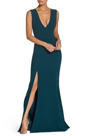 Dress The Population Sandra Plunge Crepe Trumpet Gown in Pine at Nordstrom Rack, Size X-Large