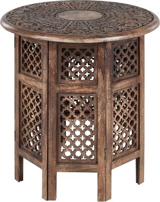 Beliani Mesa Auxiliar De Madera De Mango Oscura 53 Cm Dise&ntilde;o Tallado Tradicional Kumali