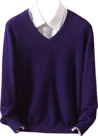 Generic Mens 100 Percent Mink Cashmere Sweater V-Neck Pullovers Knit Large Size Winter Tops Long Sleeve Jumpers Purple 3XL