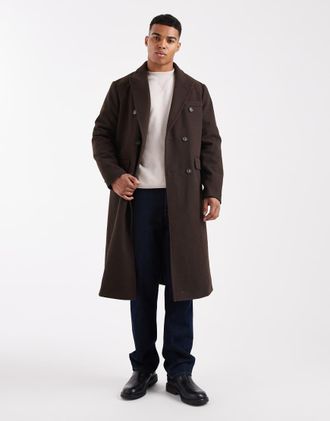 New Look Cappotto doppiopetto effetto lana marrone scuro