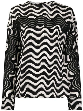 Stella McCartney draped sleeves wave print blouse - women - Cotton/Polyethylene/Silk - 36 - White