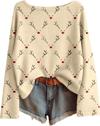 Generic Christmas Jumpers for Women Cute Reindeer Prints Long Sleeve Knit Xmas Sweater Elegant Casual Crewneck Ladies Christmas Jumper Fall Winter Loose Xmas 