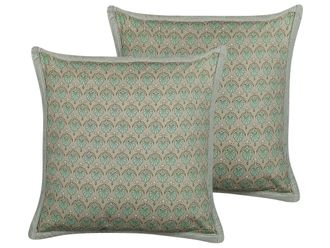 Beliani Set Di 2 Cuscini Decorativi Cotone Motivo Foglia 45 X 45 Cm Verde Pictus
