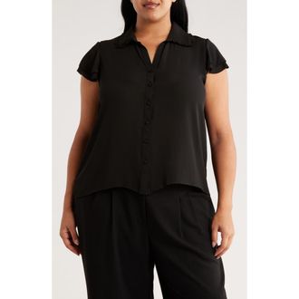 T Tahari Tiered Flutter Sleeve Button-Up Shirt in Black at Nordstrom Rack, Size 1X