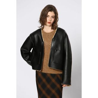 See U Soon Jas van imitatieleer met ritssluiting en sherpavoering