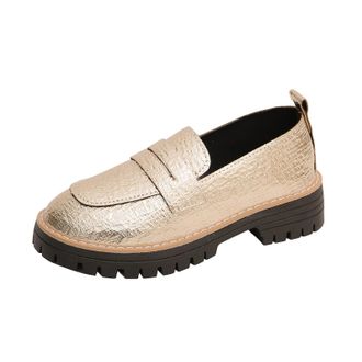 Generic Loafers for Women Elegant Slip On Loafer Shoe Stylish Sparkly Round Toe Low Chunky Heel Comfortable Wide Width Walking Shoes Work Parties Gold