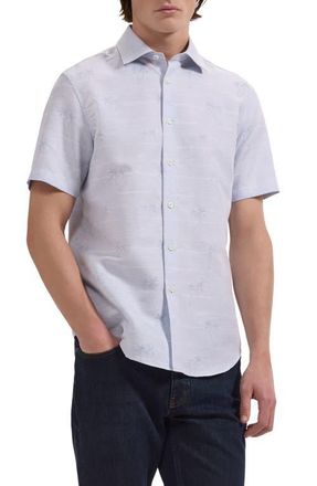 Bugatchi Orson Short Sleeve Cotton & Linen Button-Up Shirt in Air Blue at Nordstrom, Size Xxx-Large