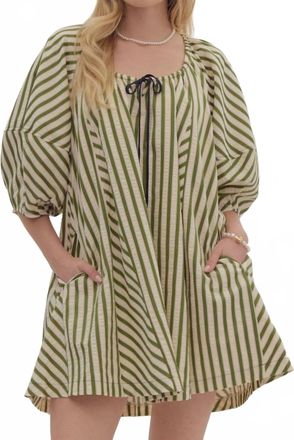Entro Stripe Half Sleeve Drop Shoulder Mini Dress In Olive