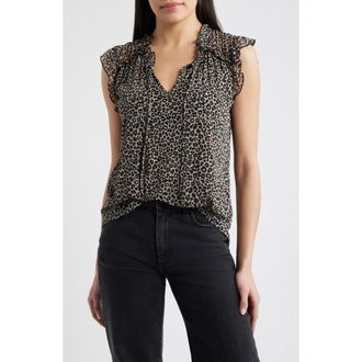 Loveappella Animal Print Ruffle Trim Split Neck Top in Taupe at Nordstrom, Size X-Small