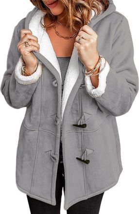 Generic Winter Hoodies Coats for Women Button Fleece Thicken Overcoat Casual Long Sleeve Winter Warm Jacket with Pockets (Gray,2XL)