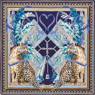 Ferragamo Women Poised leopards print silk scarf Blue