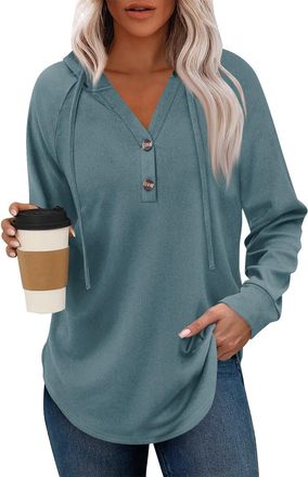 Generic Womens Oversized Hoodie with Buttons V Neck Contrast Trims Long Sleeve Loose Lightweight Pullover Preppy Graphic Long Hoodies for Women UK Casual Ever