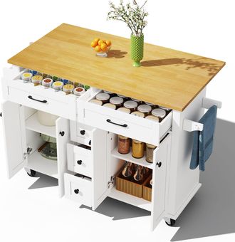 STILVORA Carro De Cocina Con 5 Cajones, 2 Puertas, Estantes Ajustables, Encimera Abatible Y Ruedas, En Mdf, 140 X 40 X 89 Cm
