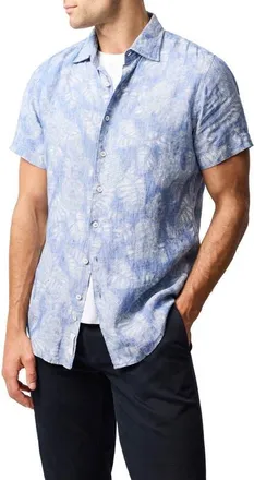 Rodd & Gunn Savill Bay Frond Print Short Sleeve Linen Button-Up Shirt in Chambray at Nordstrom, Size Xx-Large