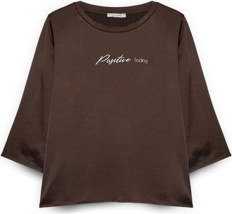 Fiorella Rubino Positive Feeling Satin Blouse - Dames - Blouses - Bruin - 4XL - Satijn - Overhemden