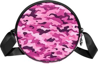 Generic Circle Crossbody Bag for Women, Pink Camouflage Small Sling Bag Daypack with Zipper Adjustable Shoulder Straps Casual Ladies Girls Round Purse
