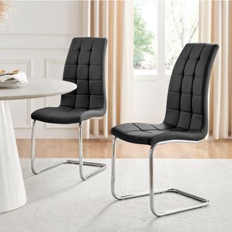 Furniturebox Set of 2 Murano Deep Cushioned Soft Touch Faux Leather Dining Chairs With Silver Chrome Metal Legs in Black