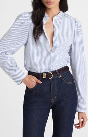 Madewell Paulina Stripe Cotton Poplin Band Collar Button-Up Shirt in Hydrangea at Nordstrom Rack, Size Xx-Small