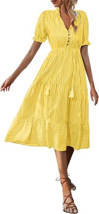 Generic 2025 Stripe V Neck Dress for Women Short Sleeve Elastic Waist Flared A Line Dress Casual Summer Cover Up Perfect for Beach and Parties (Yellow, S)