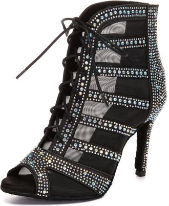 Minitoo Sexy Dancing Boots Heels for Women with Rhinestones Evening Prom Sandals Shoes E25 Black 9.8cm Heel UK 5.5