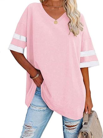 Generic Womens Basic V Neck Short Sleeve Cotton T Shirts Solid Color Comfy Loose Tunic Tee Oversized Shirts Tops,Pink,XXL