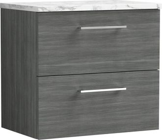 Nuie Arno Wall Hung 2-Drawer Vanity Unit with Carrera Marble Worktop 600mm Wide - Anthracite Woodgrain - Nuie