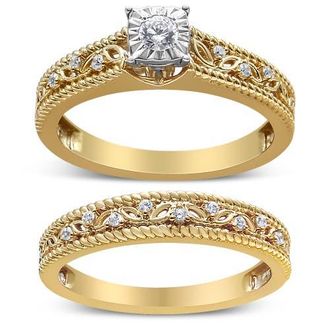 House of Brilliance 14K Yellow Gold Plated Silver 1/5 Cttw Diamond Art Deco Engagement Ring Bridal Set at Nordstrom, Size 7