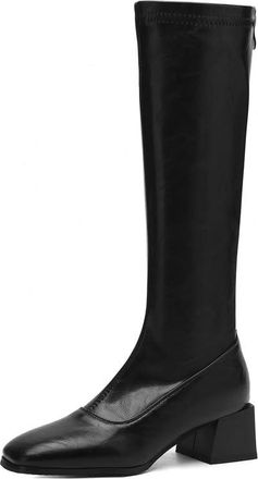 Generic Womens Square Toe Knee High Boots PU Material Block Heels Side Zipper Stylish Comfortable Non Slip Durable for Dressy Casual Office,Black,6.5 UK
