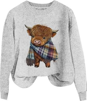 Generic Ladies Sweatshirts Without Hood UK,Ladies Knitted Pullover Sweatshirt Cow Prints Long Sleeve Sweater Casual Warm Fall Tunic Tops Fashion Clothes Overs