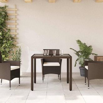 Berkfield Home Garden Table with Glass Top Brown 90x90x75 cm Poly Rattan | Size: 90 x 90 x 75 cm