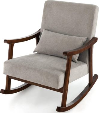 Costway Wooden Rocking Accent Chair Upholstered Rocker Armchair w/ Rubber Wood Armrests