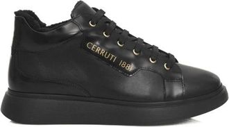 Cerruti Schoenen, Dames, Zwart, 38 EU, Zwarte Leren Plateau Sneakers met Logo