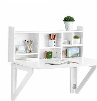 SoBuy Sobuy - Folding Wooden Wall-Mounted Drop-Leaf Table Desk Integrated with Storage Shelves,White,FWT07-II-W