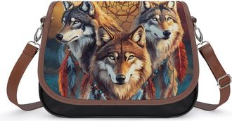 Generic Wolf Dreamcatchers Crossbody Bag Womens Handbag PU Message Bags Shoulder Purse with Adjustable Strap