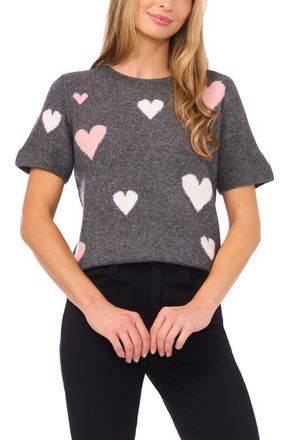 CeCe by Cynthia Steffe Heart Short Sleeve Crewneck Sweater in Heather Grey at Nordstrom, Size Small