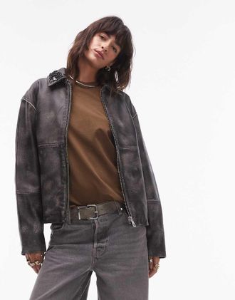 Topshop Giacca in vera pelle premium nera con zip centrale e decorazioni-Nero
