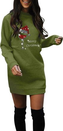 Generic Womens Oversized Sweatshirt Dress Long Sleeve Crew Neck Christmas Sparkle Dress Xmas Wine Glass Printed Dresses Long Tops to Wear with Leggings Going 