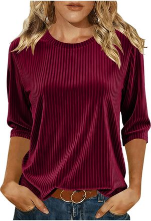 Generic Womens Velvet Top Elegant 3/4 Sleeve Ribbed Knit Jumper Ladies Casual Round Neck Shirt Soft Solid Color Dressy Blouse Fashion Womens Loose Fit Pullove