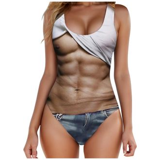 Generic Women Funny Swimsuit Hairy Body Chest Printed Hippie Ruched Tummy Control Swimwear Plus Size Swimwear Push Up Plus Size Beachwear V Neck Swimming Cost