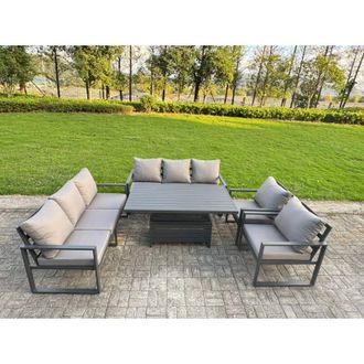 Fimous Fimous Garden Aluminium Furniture Set Dark Grey 8 Seater Outdoor Patio Adjustable Rising Lifting Dining Table with 2 Chairs Dark Grey